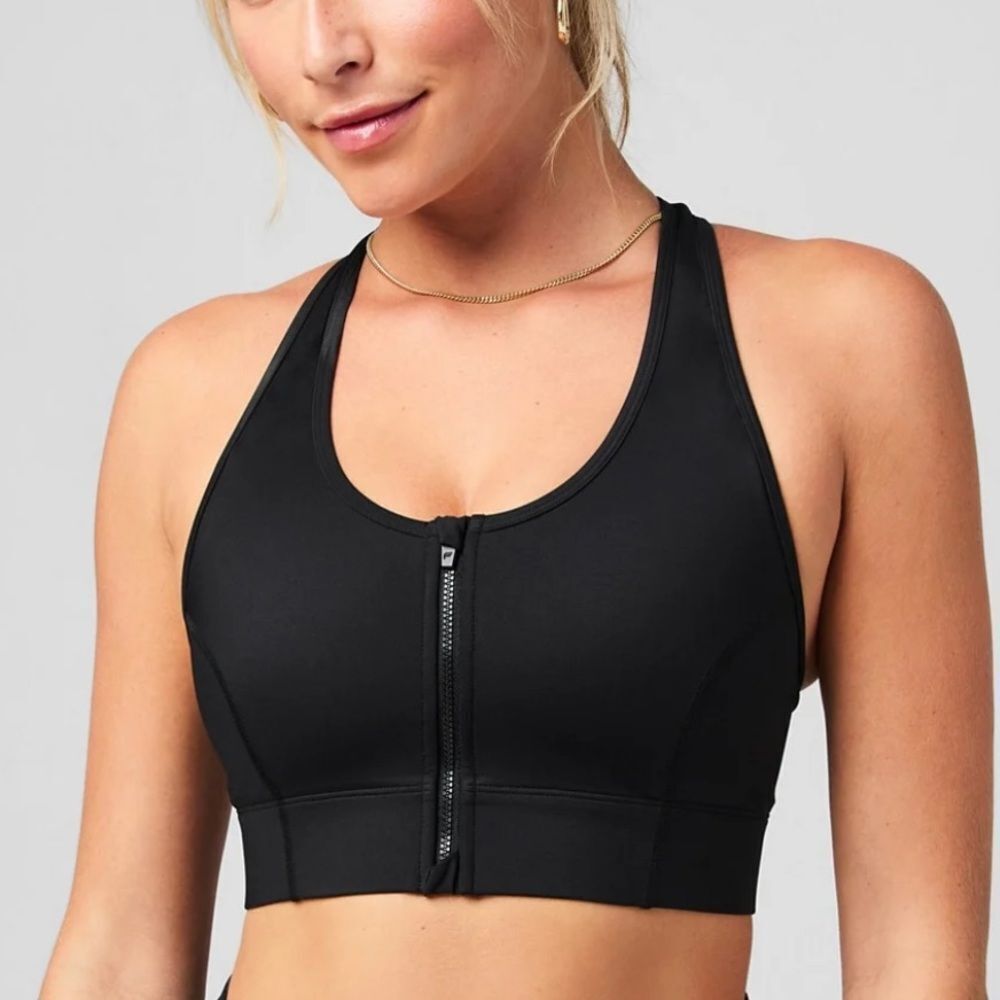 Fabletics Large Zippered Front Sports Bra Phone Pocket Black